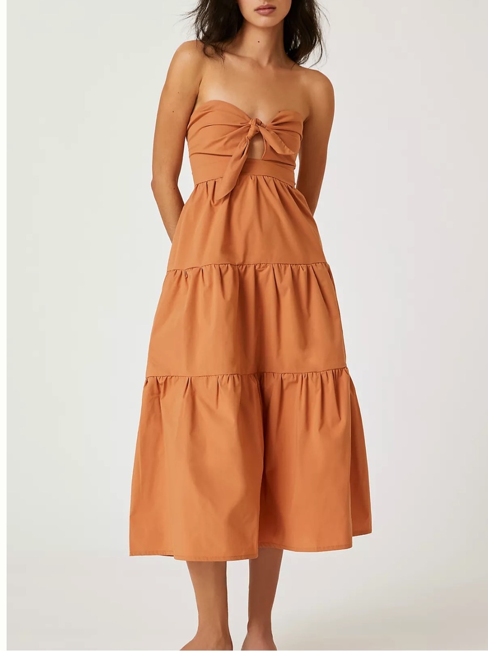Anthropologie Strapless Tie-Front Tiered Midi Dress — Terracotta